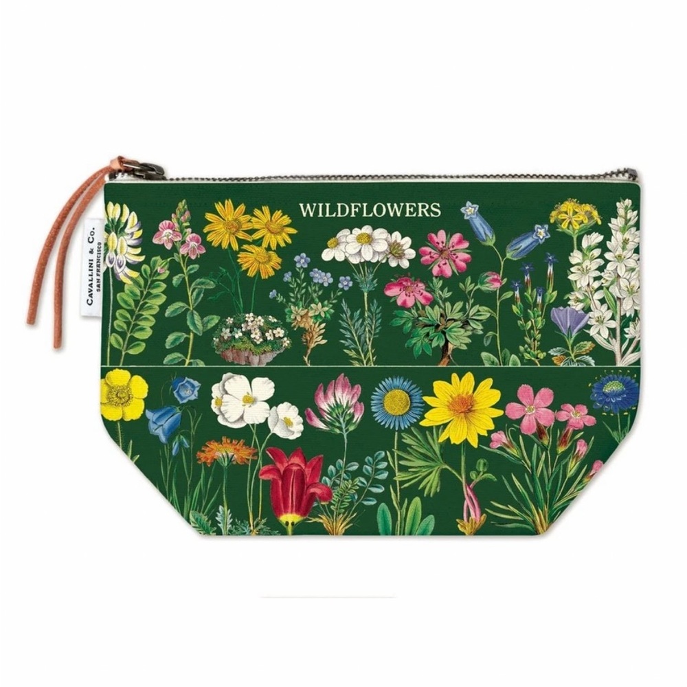 Cavallini & Co Vintage Green Wildflowers Cotton Canvas Leather Zip Top Pouch